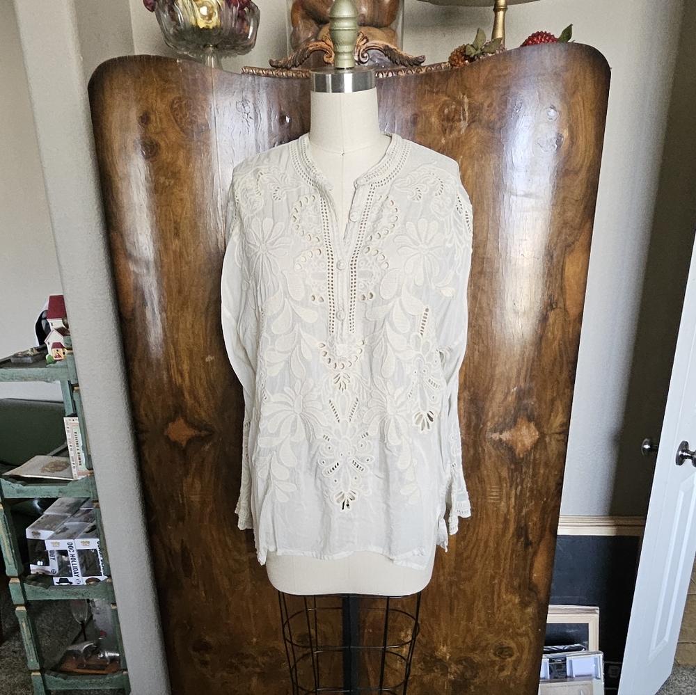 Johnny Was Cream Embroidered Lace Top